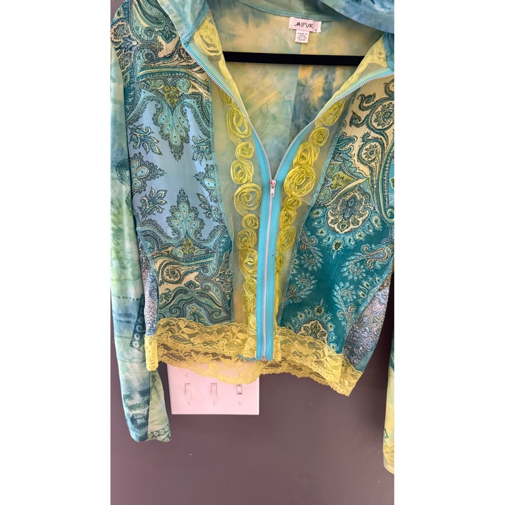 Jaipur Womens‎ Y2K Mesh Paisley Tie Dye Zip Up Hoodie Lace Rosette Turquoise L - Picture 4 of 9